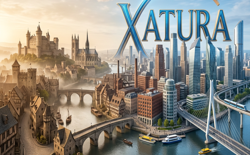 A cityscape showing a transition from historic castles and old buildings to modern skyscrapers along a river with multiple bridges and boats.