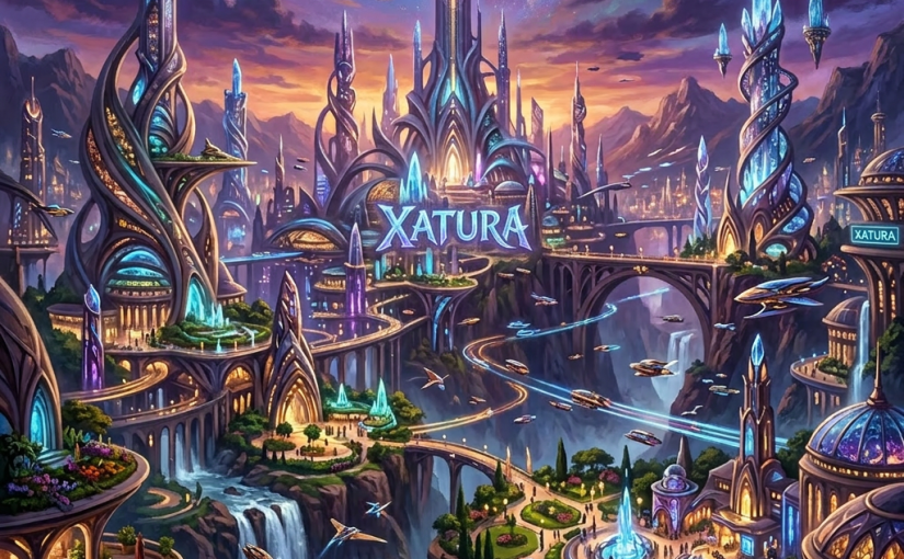 Futuristic city with glowing spiral towers, flying vehicles, waterfalls, and a vibrant galaxy sky