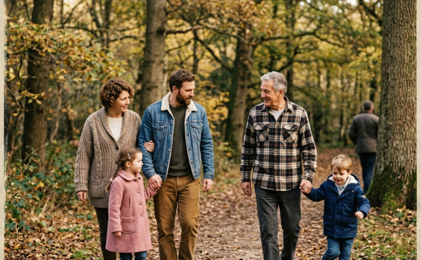 Family of five walking on a forest trail with autumn leaves