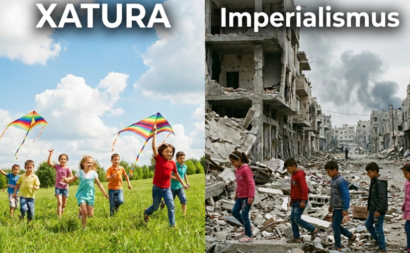 Left side: children running with colorful kites in a green field under a blue sky; right side: children walking among rubble in a destroyed urban area with smoke in the background