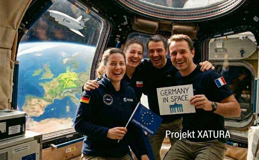 Four astronauts inside International Space Station with European flags and Earth view