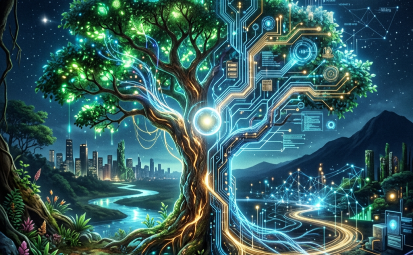 Tree with glowing leaves and digital circuitry blending nature and technology under a starry sky.