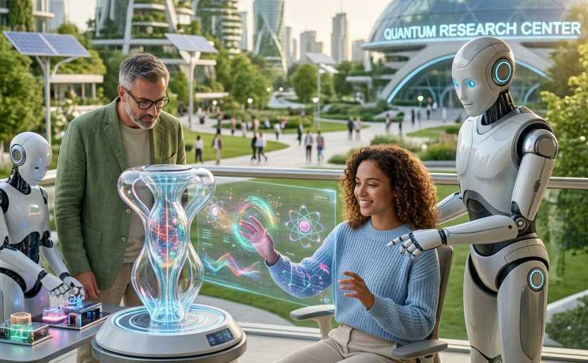 Researchers and humanoid robots examine a quantum display at the Quantum Research Center