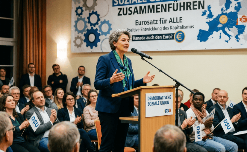 Woman speaking at DSU podium beneath banner reading Kapitalismus und soziale Gerechtigkeit zusammenführen