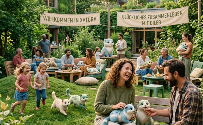 Community garden gathering with banners reading “WILLKOMMEN IN XATOURA” and “GLÜCKLICHES ZUSAMMENLEBEN MIT DILEB.”
